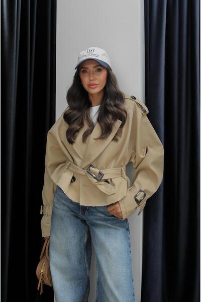 Havoş Bej Benken Kuşaklı Kısa Trençkot