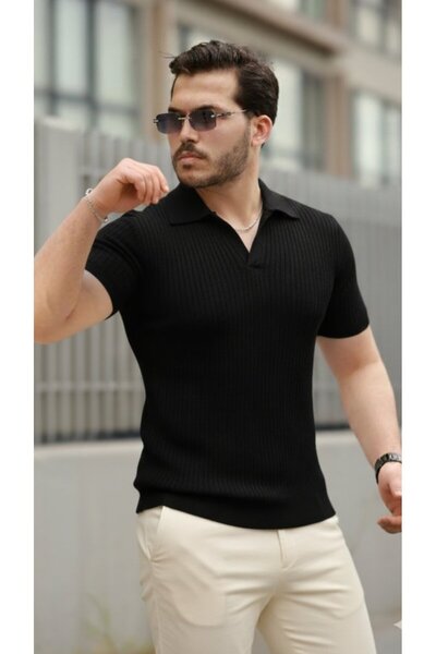 Giyimodam Men's Short Sleeve Collared Line Patterned Knitwear Blouse