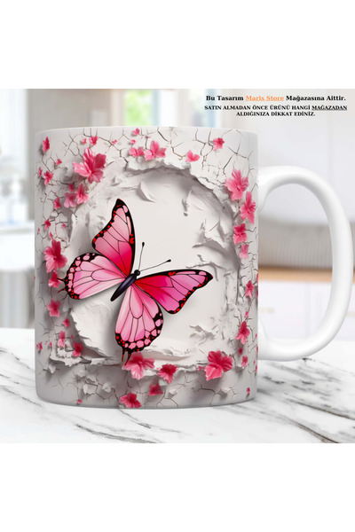 MARİS STORE Red Butterfly Printed 3D Effect Gift Mug