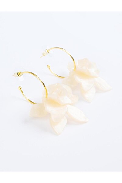 Jimmy Key Bej Yaprak Detaylı Çiçek Desenli Küpe