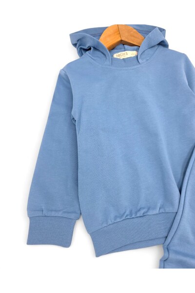 VOY KİDS Boy's 100% Cotton Hooded Basic Tracksuit Set 2-3 -4-5-6 Years Old Blue