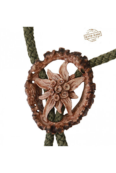 HandmadeRB American bolo tie carved from Carpathian deer antler with edelweiss motif, brown