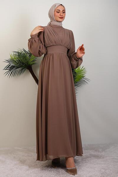 GİYZAMİLA Stylish Pleated Chiffon Dress Mink