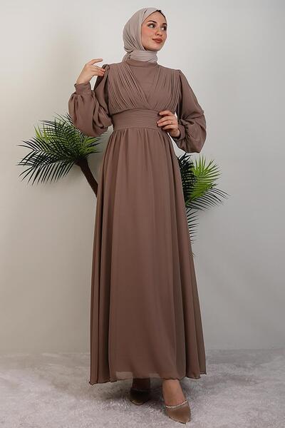 GİYZAMİLA Stylish Pleated Chiffon Dress Mink