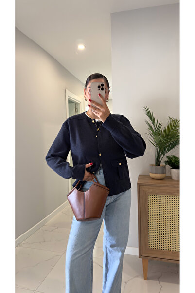 BİRCANÇİL Zr Dosse Navy Blue Cardigan with Gold Button Detail