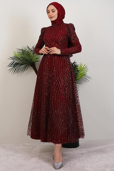 GİYZAMİLA Ezna Simli Abiye Bordo