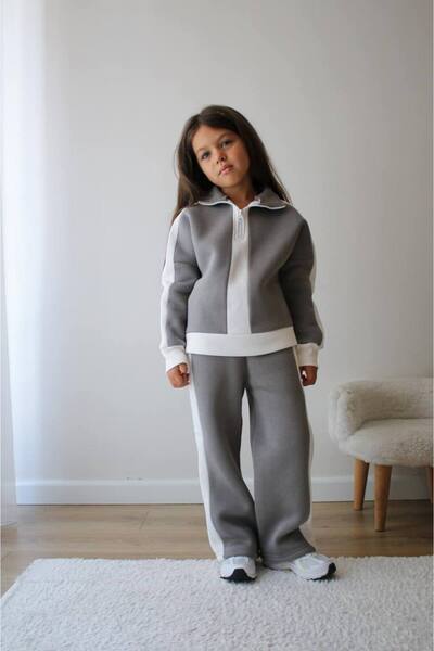 Lolliboomkids Girl's 3-Thread Ribbed White Striped Top and Bottom Set with Half Zipper Collar