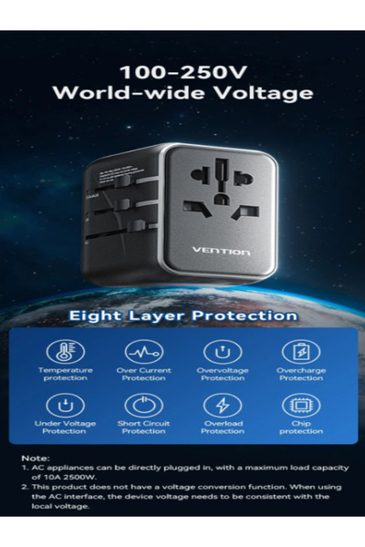 Vention 3-Port USB Travel Adapter (C+A+A), 20W Fast Charging, 2500W AC, Multi-Plug (US/UK/EU/AU)