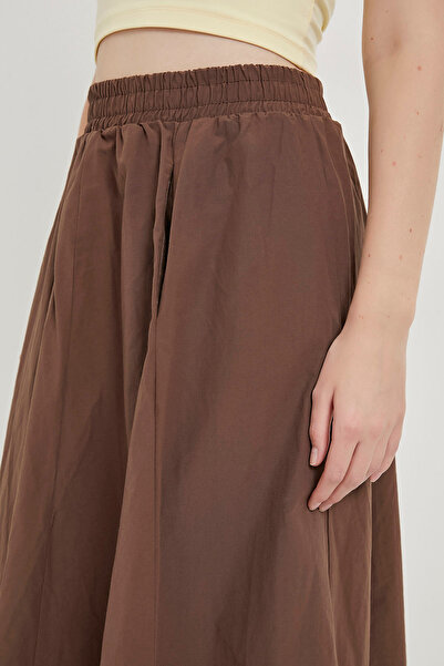 Arma Life Women's Pocketed Elastic Flared Poplin Long Brown Skirt
