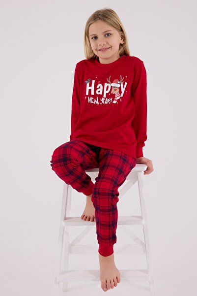 Rolypoly Kadın Kırmızı Happy New Year Yılbaşı Konseptli Aile Pijama Takımı