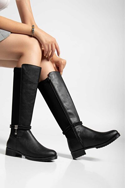 mysticaluxe Shoes Kadın Siyah Arkası Streç Fermuarlı Halatlı Çizme M0003