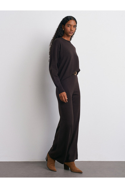 Dilvin 70163 Beli Lastikli Yünlü Triko Pantolon-Koyu Kahve