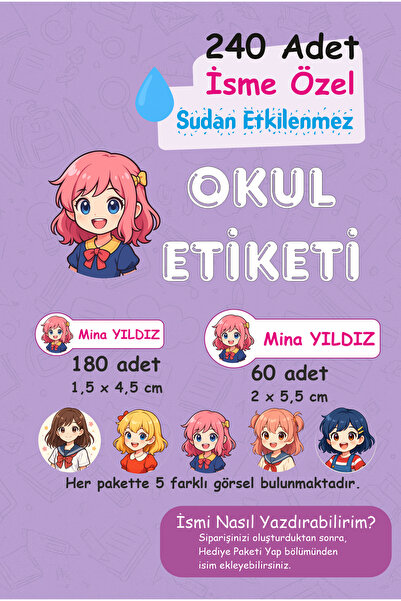 Genel Markalar Kore Anime Okul Etiketi 240 Adet Kalem Defter Kitap Suluk Stic...