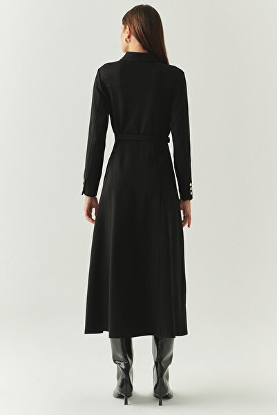 Exquise Kemerli Gömlek Yaka Cepli Slim Fit Midi Örme Elbise