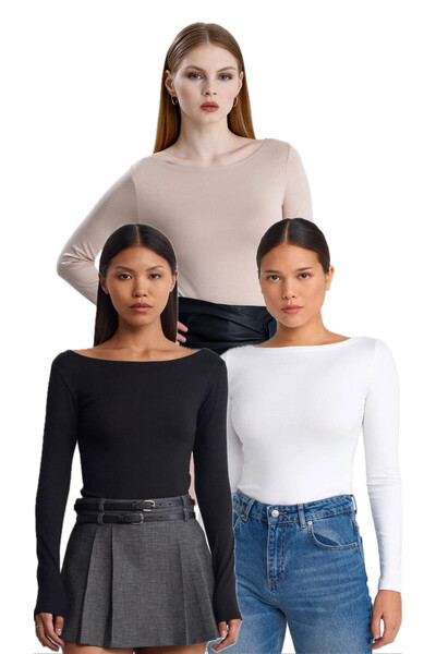 Qimono Boat Neck Long Sleeve 3-Piece Ball-Shirt Black White Cream