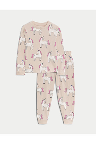 Marks & Spencer Saf Pamuklu Unicorn Desenli Pijama Takımı
