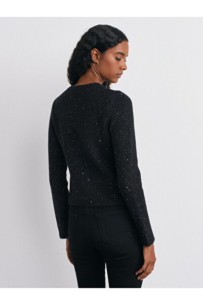 Dilvin 60935 Crew Neck Sequin Glitter Button Knitwear Cardigan-Black