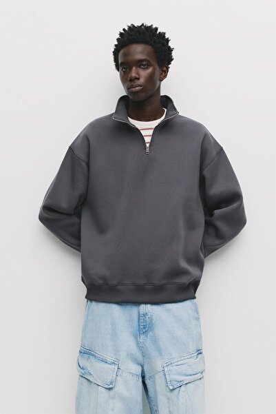 Pull & Bear Fermuarlı dik yaka basic sweatshirt