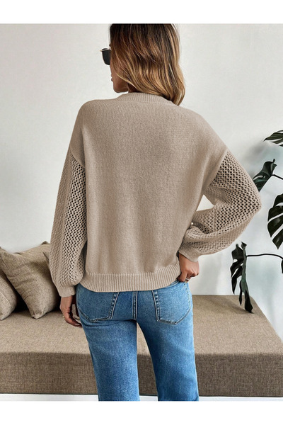 citystyle Γυναικείο πλεκτό πουλόβερ με διάτρητες μανίκια και διχτυωτό σχέδιο με λαιμόκοψη ποδηλατικού τύπου, πλεκτό με μαλλιά, βιζόν