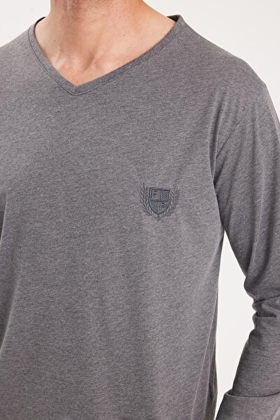 Tudors Erkek Standart Fit %100 Pamuk V Yaka Beli Lastikli Gri Pijama Takımı