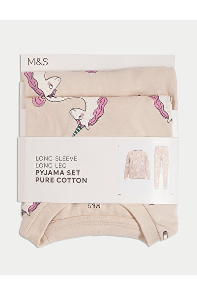 Marks & Spencer Saf Pamuklu Unicorn Desenli Pijama Takımı