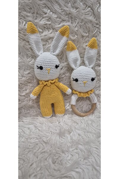 El Emeği Sevinli sarı tavşan ve çıngıraklı oyun arkadaşı örgü dogal hediyelik eşya