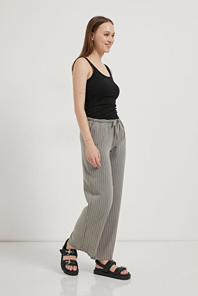 Arma Life Women's Elastic Waist Striped Wide Leg Gray Trousers