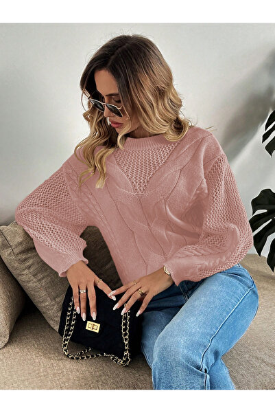 citystyle Γυναικείο πλεκτό πουλόβερ με διάτρητο μοτίβο στο λαιμό και στα μανίκια, πλεκτό με πλέγμα μαλλιών, πλεκτό πουλόβερ σε πούδρα