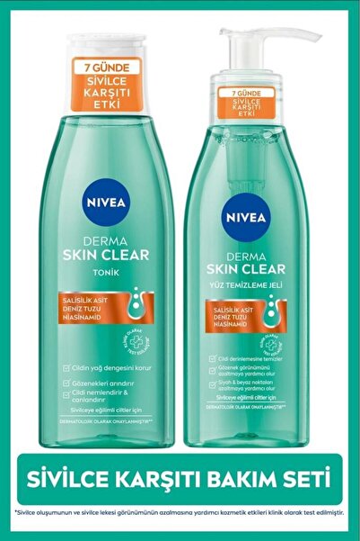 NIVEA Derma Skin Clear Karşıtı Yüz Temizleme Jeli 150ml ve Nemlendirici Tonik 200ml, Nisaniamid
