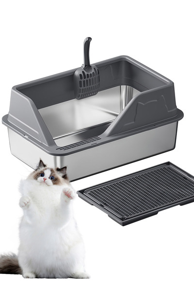 KidLe Stainless Steel Cat Litter Box Cat Litter Tray for Multiple Cats Anti Splashing and Easy Clean