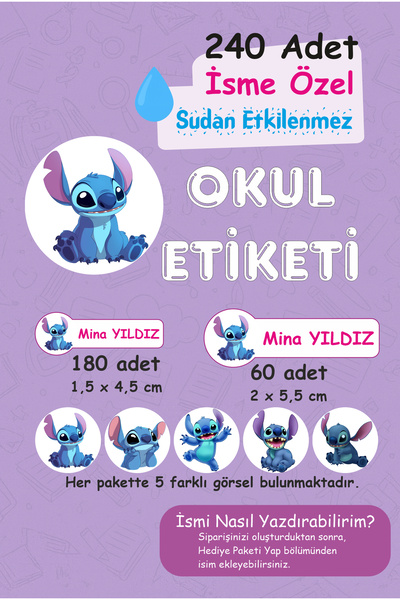 Mina Design Lab Stitch Okul Etiketi 240 Adet Kalem Defter Kitap Suluk Sticker...