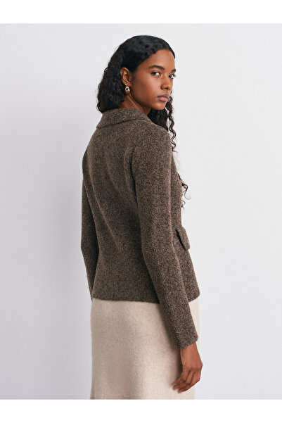 Dilvin 60265 Polo Neck Buttoned Pocket Detailed Knitwear Cardigan-Brown