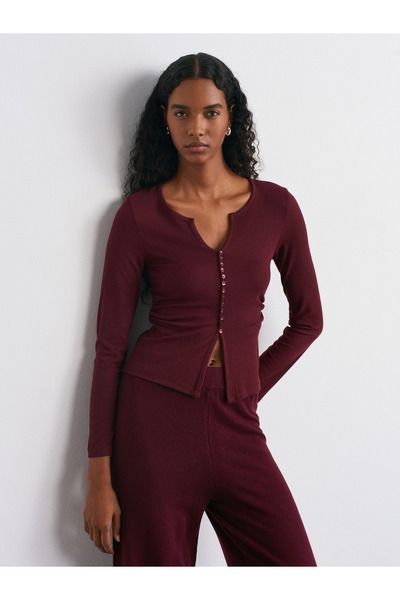 Dilvin 31548 Button Detailed Drawstring Top - Dark Burgundy