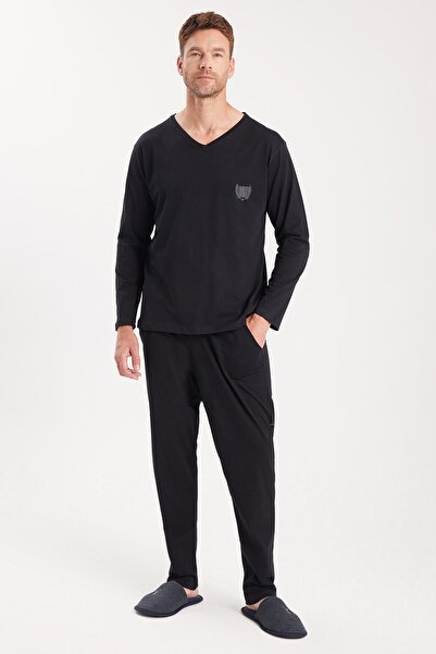Tudors Erkek Standart Fit %100 Pamuk V Yaka Beli Lastikli Siyah Pijama Takımı