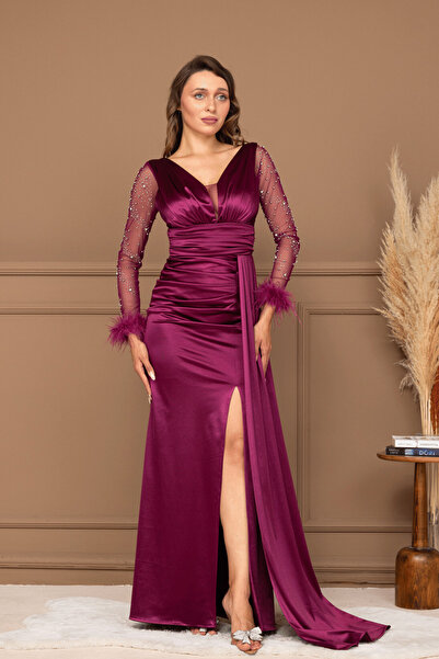 BEYBOS Rochie de pescuit din țesătură satinată cu mâneci și detaliu de mărgel...