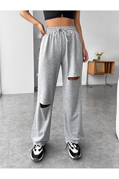 Le Vion Γκρι γυναικείο φαρδύ παντελόνι φόρμας με διπλές σχισμές, ελαστικό, άν...