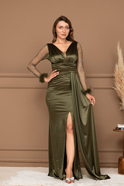 BEYBOS Saten Kumaş Kolları Otrişli Boncuk Detaylı Balık Elbise - HAKİ YEŞİLİ
