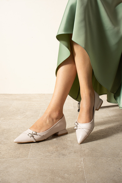 Güllü Shoes Cream Matte Double Silver Buckle Pointed Toe Low Heel Women's Ballet Shoes Casual Women's Shoes
