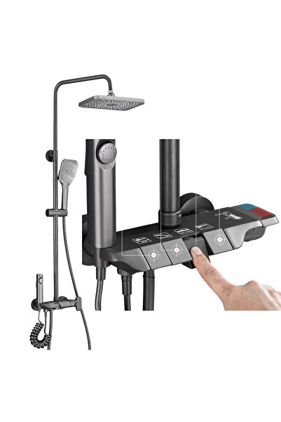 BisDesign Coloană de duș pentru baie, clapă tip pian, gri antracit, cap cu ef...