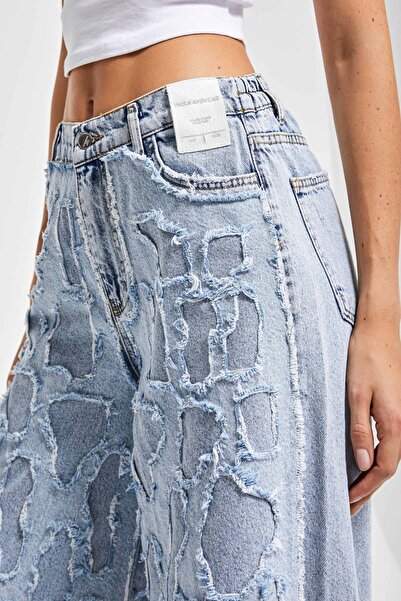 its basic Kadın Ice Kot Rengi Yıpratma Detaylı Kumaş Özel Tasarım Palazzo Fit %100 Koton Denim Jean
