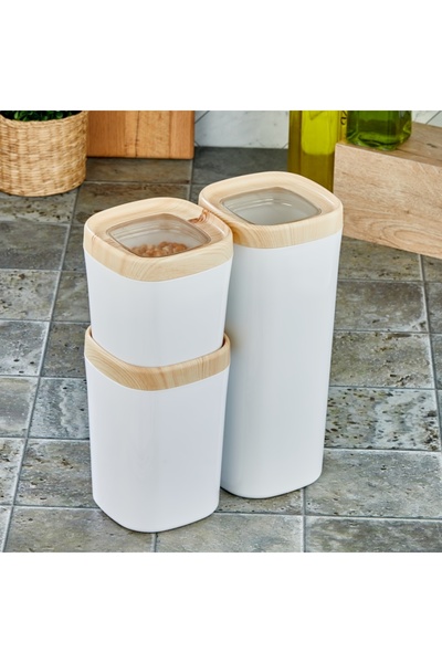 CERONNI Bonny Food Storage Container Set of 3 Wooden Veneer Lid Colored Hopper 1.8Lt - 1Lt - 600ml Light Wood