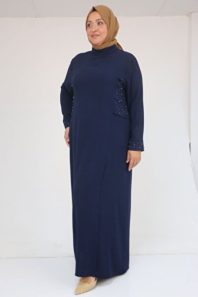 Eslina 52013 Plus Size Crepe Dress with Stone Detail - Navy Blue