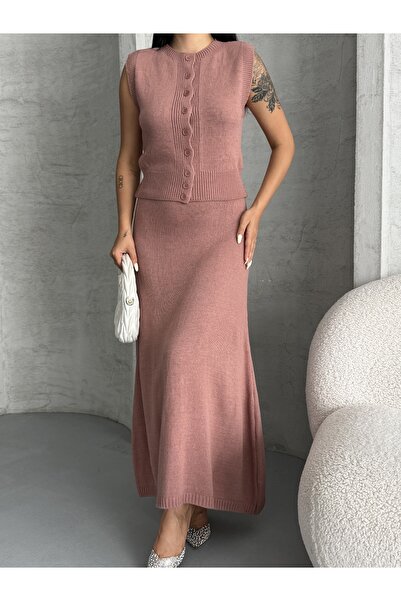 Housess Γυναικείο Πλεκτό Σετ με Λεπτομέρεια με Κουμπιά, Γιλέκο και Φούστα