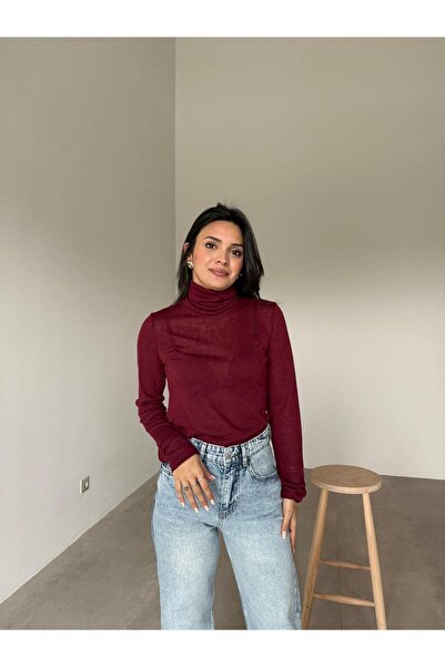 Bade Butik Μπλούζα με ζιβάγκο μπορντό με διάφανο σχέδιο