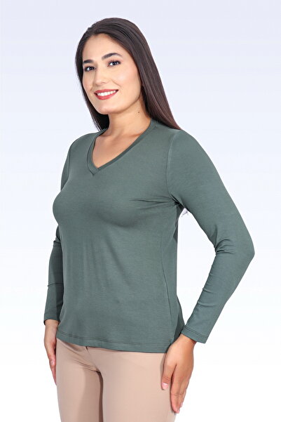 TOLGA SARAÇOĞLU 11105 Khaki V-Neck Long Sleeve T-Shirt