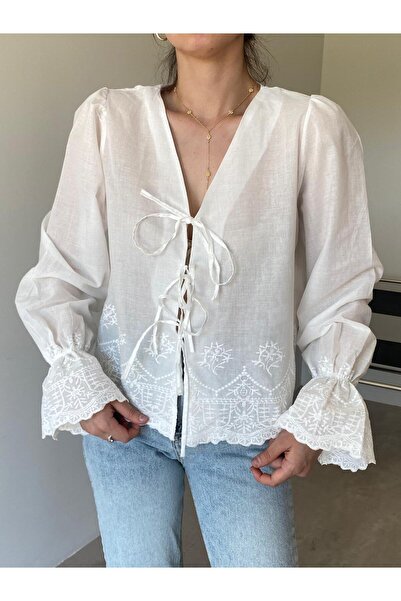 Bade Butik Екрю Блузка з зав'язками на грудях та рукавами-капюшонами