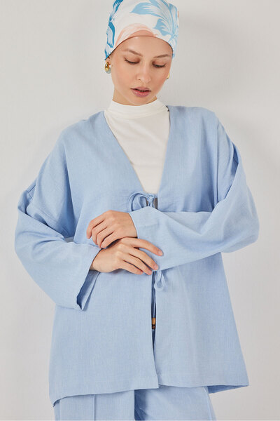 Bigdart Women's Linen Kimono Double Set 6727 - Blue