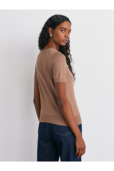 Dilvin 10779 Crew Neck Short Sleeve Basic Knitwear Blouse - Dark Mink