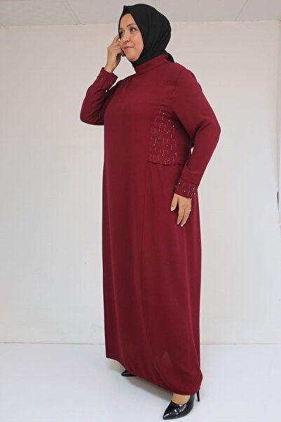 Eslina 52013 plus size stone detailed crepe dress - burgundy