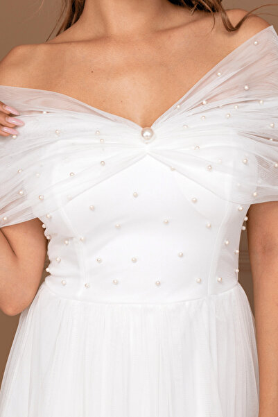 BEYBOS Tül Kumaş İnci Detaylı Midi Boy Elbise - BEYAZ